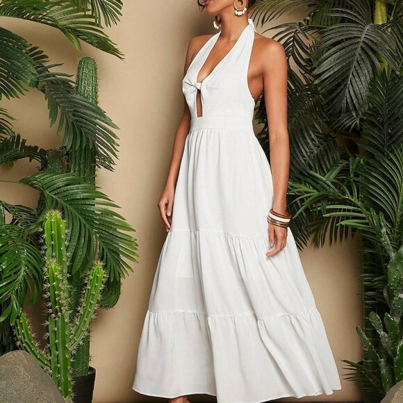 White Boho Women's Summer Vacation Solid Color Woven Halterneck White Maxi Dress - Picture 1 of 5